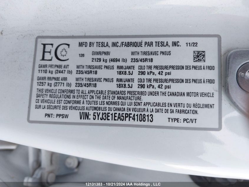 2023 Tesla Model 3 VIN: 5YJ3E1EA5PF410813 Lot: 12131383