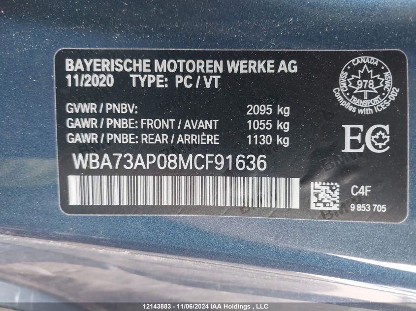 2021 BMW 4 Series VIN: WBA73AP08MCF91636 Lot: 12143883