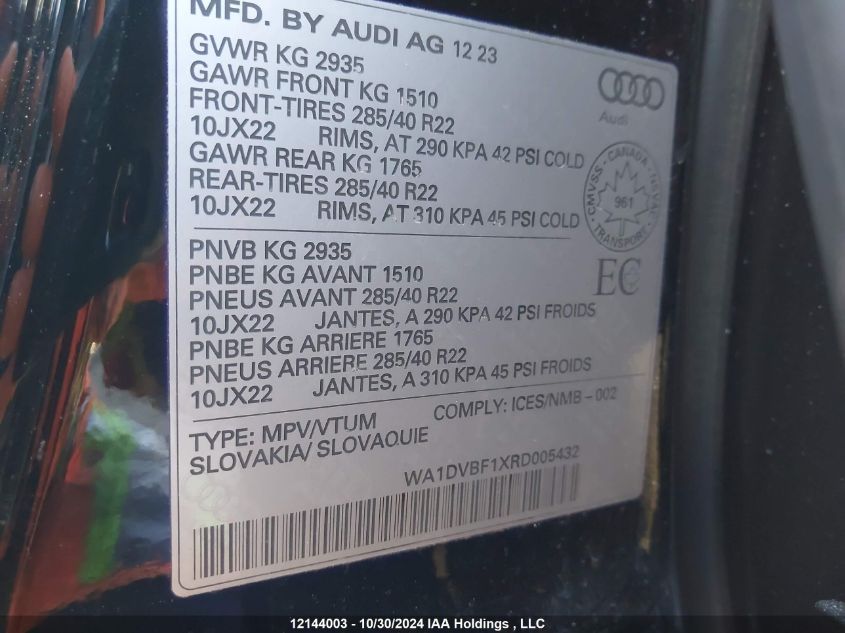 2024 Audi Q8 VIN: WA1DVBF1XRD005432 Lot: 12144003