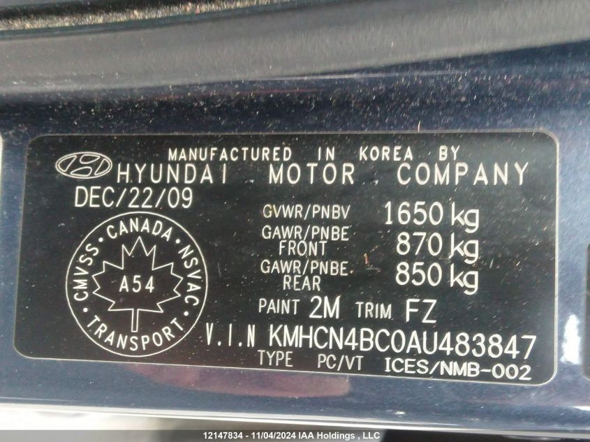 2010 Hyundai Accent Gls VIN: KMHCN4BC0AU483847 Lot: 12147834