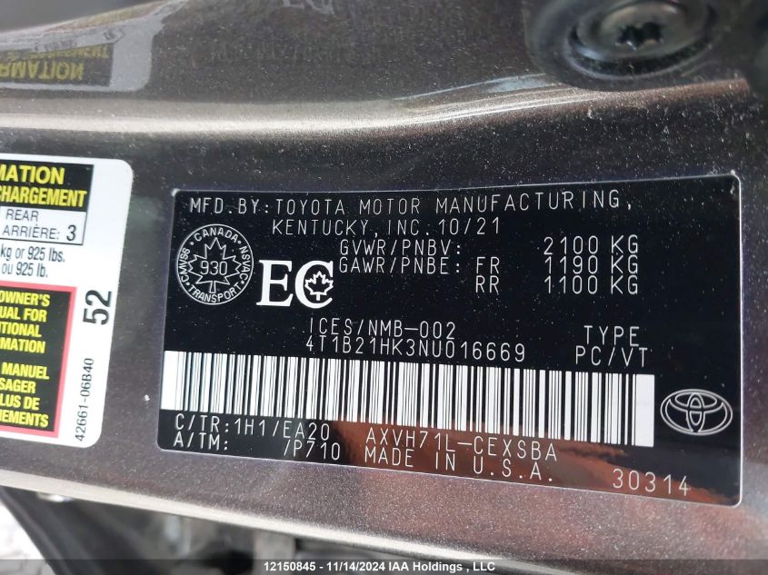 2022 Toyota Camry Xle/Se VIN: 4T1B21HK3NU016669 Lot: 12150845