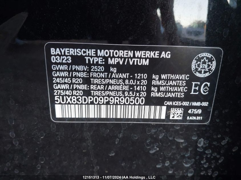 2023 BMW X3 M40I VIN: 5UX83DP09P9R90500 Lot: 12151313