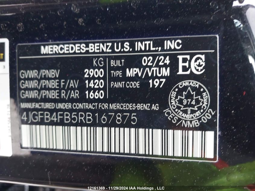 2024 Mercedes-Benz Gle VIN: 4JGFB4FB5RB167875 Lot: 12161369