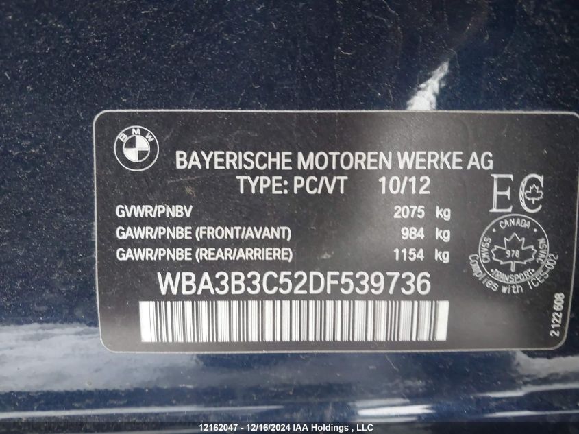 2013 BMW 328 Xi VIN: WBA3B3C52DF539736 Lot: 12162047