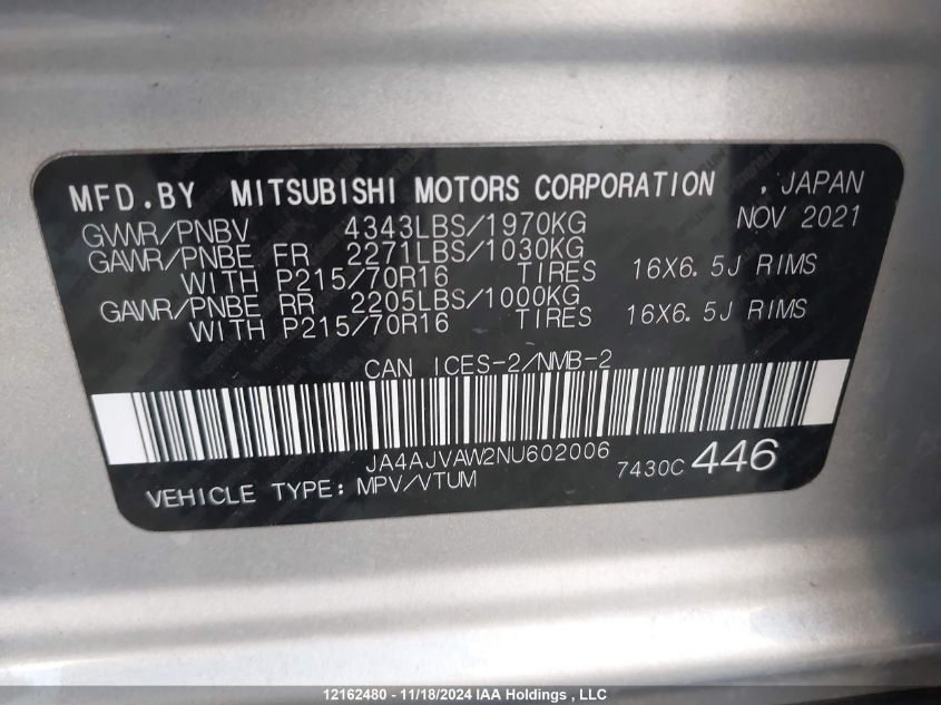 2022 Mitsubishi Rvr Se/Sel/Le/Gt VIN: JA4AJVAW2NU602006 Lot: 12162480