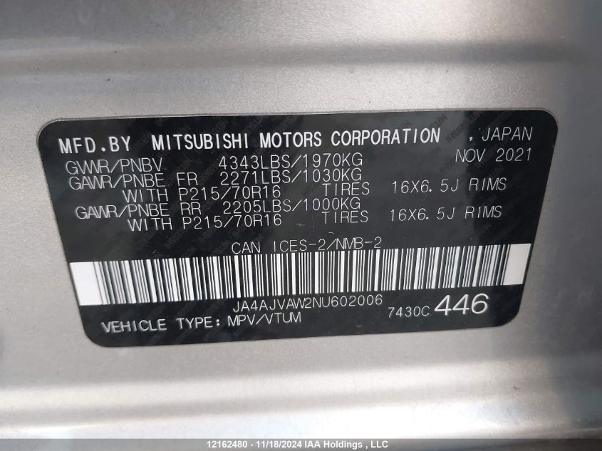 2022 Mitsubishi Rvr Se/Sel/Le/Gt VIN: JA4AJVAW2NU602006 Lot: 12162480