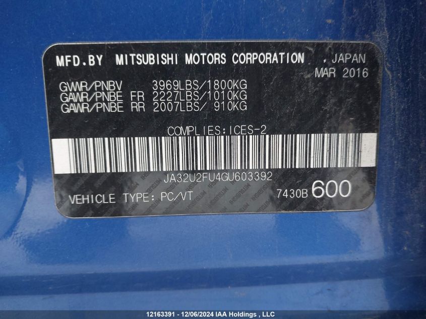 2016 Mitsubishi Lancer VIN: JA32U2FU4GU603392 Lot: 12163391