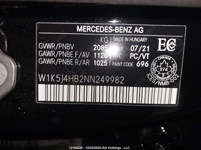 2022 Mercedes-Benz Cla 250 4Matic VIN: W1K5J4HB2NN249982 Lot: 12164226