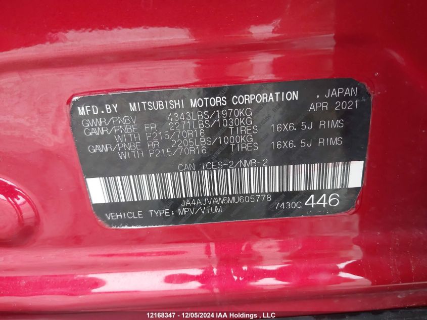 2021 Mitsubishi Rvr VIN: JA4AJVAW6MU605778 Lot: 12168347