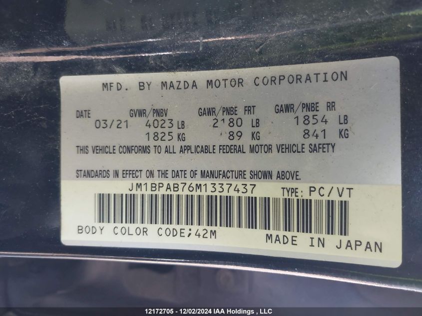 2021 Mazda Mazda3 VIN: JM1BPAB76M1337437 Lot: 12172705