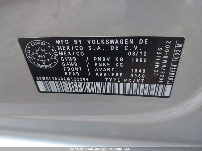 2012 Volkswagen Jetta Tdi VIN: 3VWDL7AJ0CM122204 Lot: 12174778