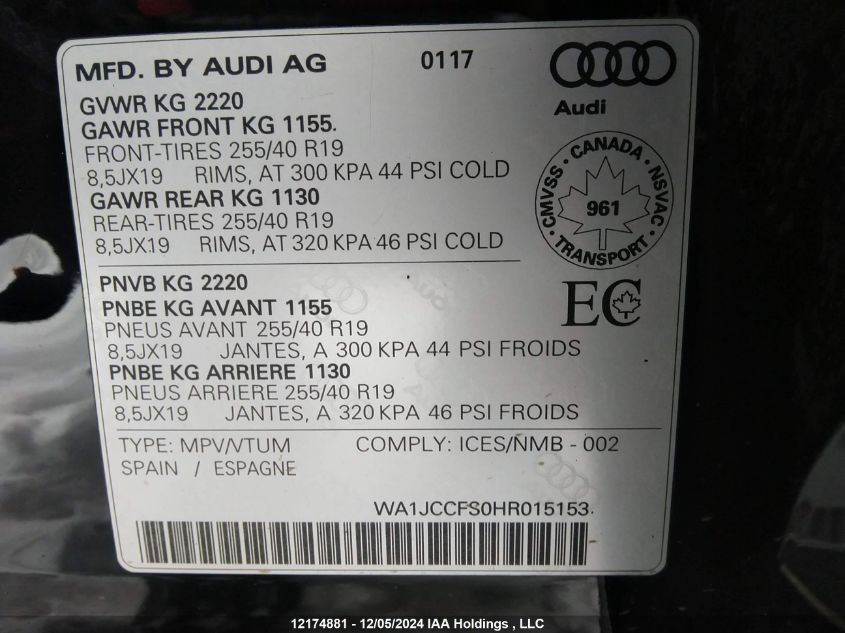 2017 Audi Q3 Premium Plus VIN: WA1JCCFS0HR015153 Lot: 12174881