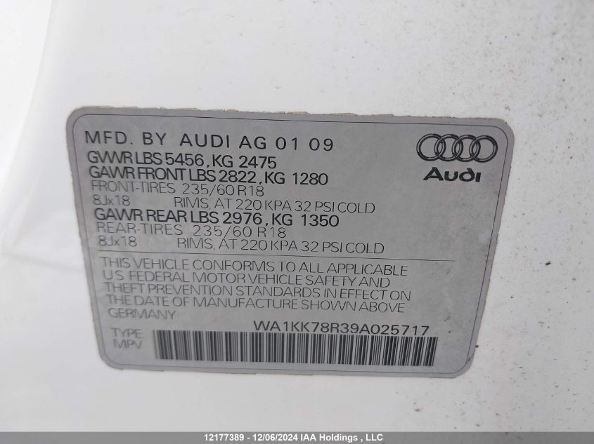 2009 Audi Q5 3.2 Premium VIN: WA1KK78R39A025717 Lot: 12177389