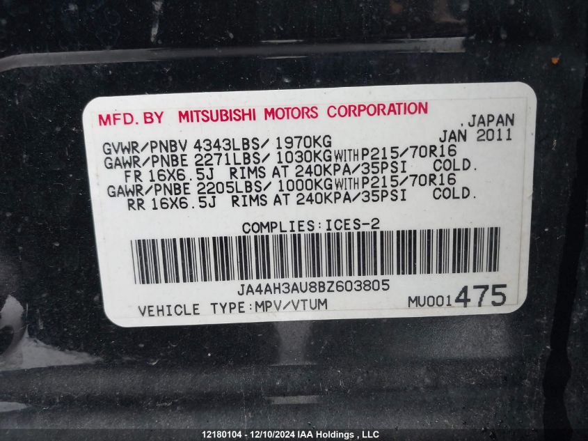 2011 Mitsubishi Rvr VIN: JA4AH3AU8BZ603805 Lot: 12180104