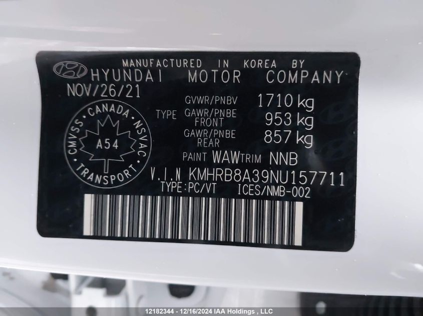 2022 Hyundai Venue Essential Auto Ivt VIN: KMHRB8A39NU157711 Lot: 12182344