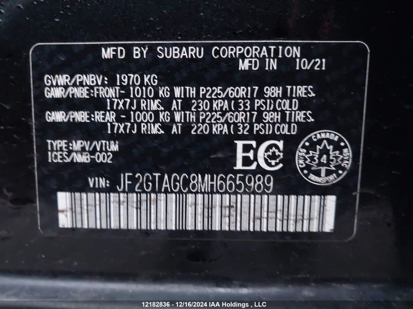 2021 Subaru Crosstrek VIN: JF2GTAGC8MH665989 Lot: 12182836