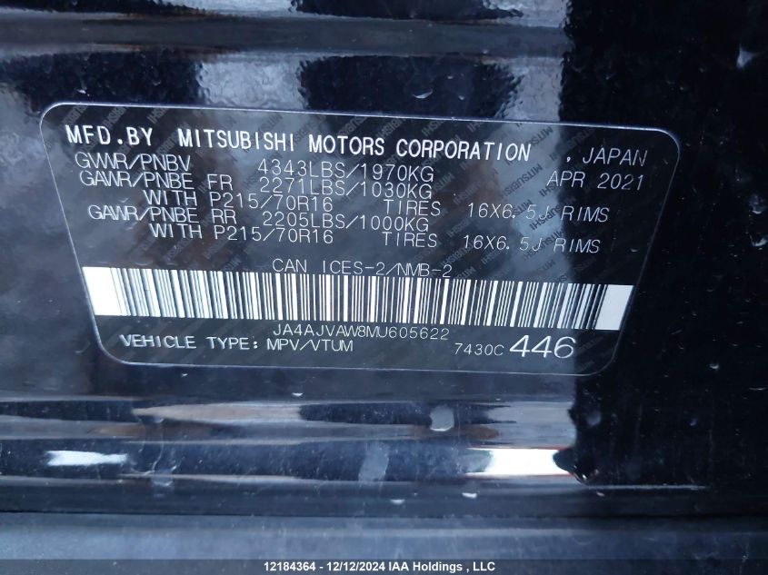 2021 Mitsubishi Rvr VIN: JA4AJVAW8MU605622 Lot: 12184364