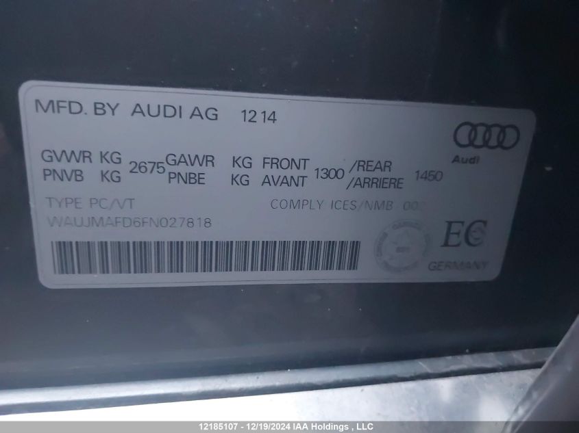 2015 Audi A8 VIN: WAUJMAFD6FN027818 Lot: 12185107