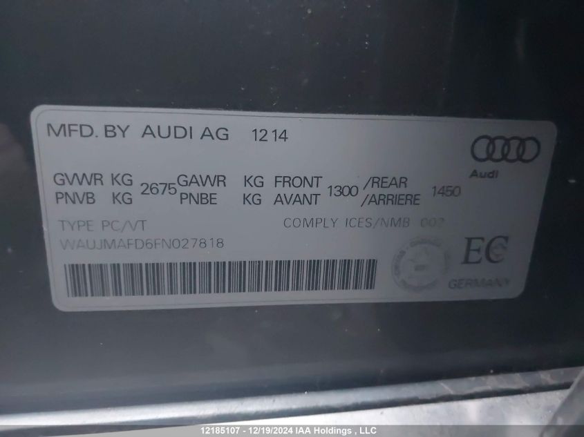 2015 Audi A8 VIN: WAUJMAFD6FN027818 Lot: 12185107