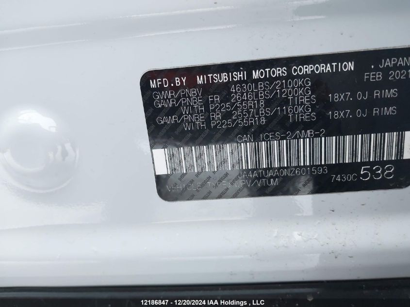 2022 Mitsubishi Eclipse Cross VIN: JA4ATUAA0NZ601593 Lot: 12186847