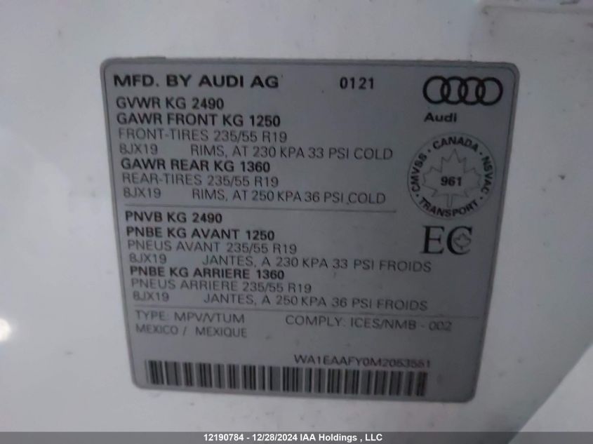 2021 Audi Q5 VIN: WA1EAAFY0M2053551 Lot: 12190784