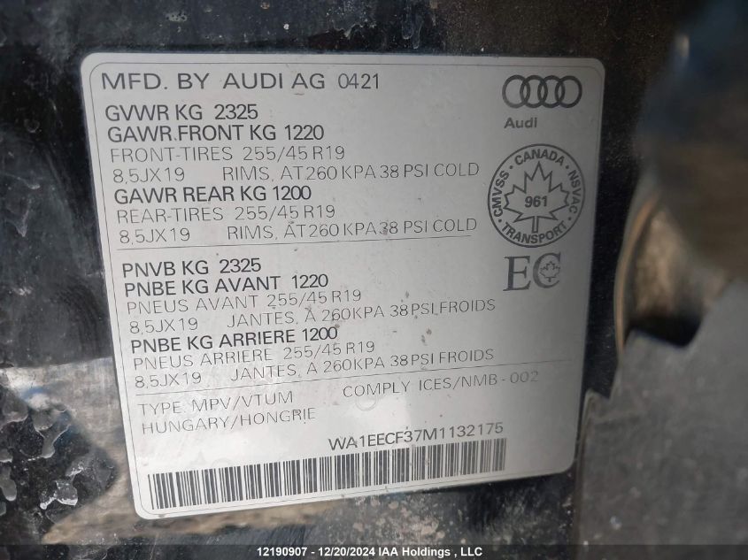 2021 Audi Q3 VIN: WA1EECF37M1132175 Lot: 12190907