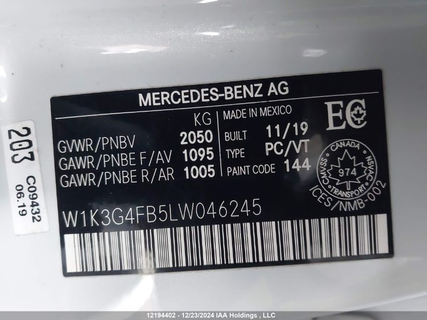 2020 Mercedes-Benz A 220 VIN: W1K3G4FB5LW046245 Lot: 12194402