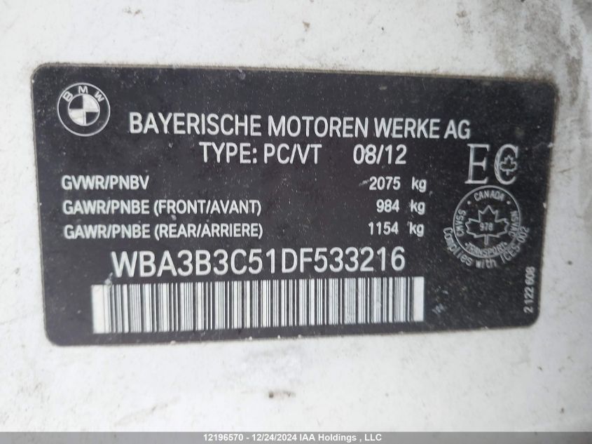 2013 BMW 3 Series VIN: WBA3B3C51DF533216 Lot: 12196570