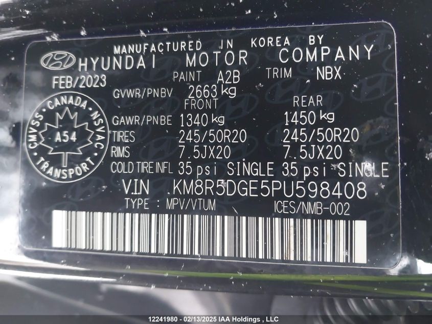 2023 Hyundai Palisade VIN: KM8R5DGE5PU598408 Lot: 12241980