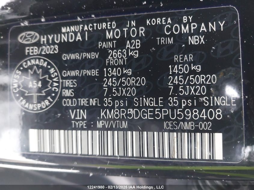 2023 Hyundai Palisade VIN: KM8R5DGE5PU598408 Lot: 12241980